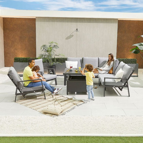 Compact Enna Aluminium Reclining Casual Dining Corner Sofa Set with Rising Table & Armchairs